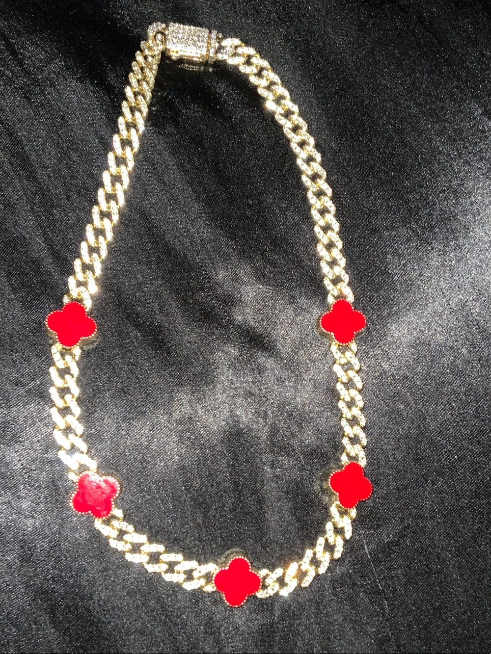Gold Chain Necklace with Red Clover Accents - Women Jewelry